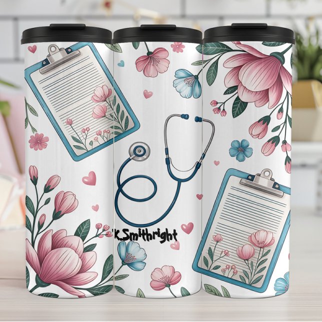 Garrafa Térmica Medical Clipboard Stethoscope Floral Pattern (Criador carregado)