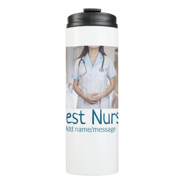 Garrafa Térmica Melhor enfermeira adicionar nome de foto texto méd (Frente)