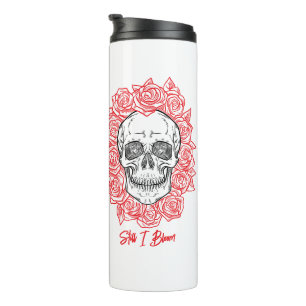 Garrafa Térmica Memento Mori! Caveira e Rosas, Desenho Mão