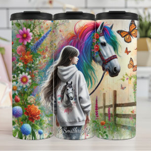 Garrafa Térmica Menina Cavalo Arco-íris Borboleta Campo Magia