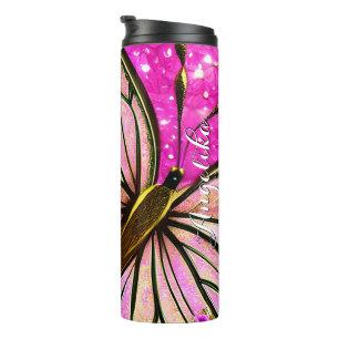 Garrafa Térmica Menina da Moda Borboleta Rosa e Dourada Nome Perso