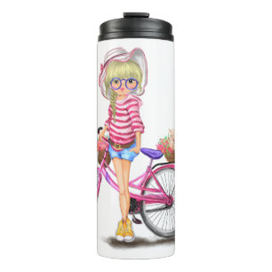 Garrafa Térmica Menina Loura-Gira com Bicicleta Rosa e Gato nas Fl