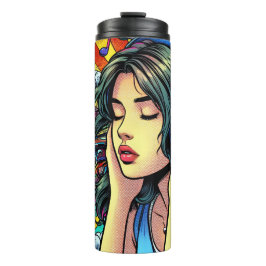 Garrafa Térmica Menina ouvindo música em Fones de ouvido Psicodéli