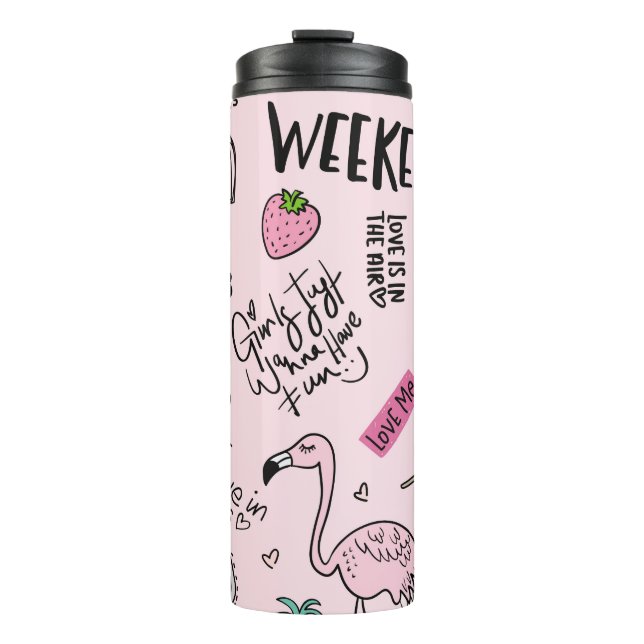 Garrafa Térmica Meninas divertem conceito com unicórnio, flamingo, (Frente)