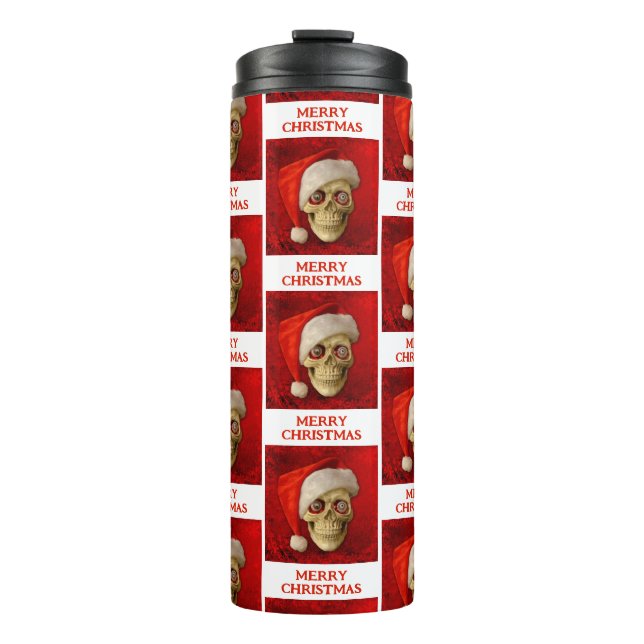 Garrafa Térmica Merry Christmas. Skull wearing Santa hat (Frente)