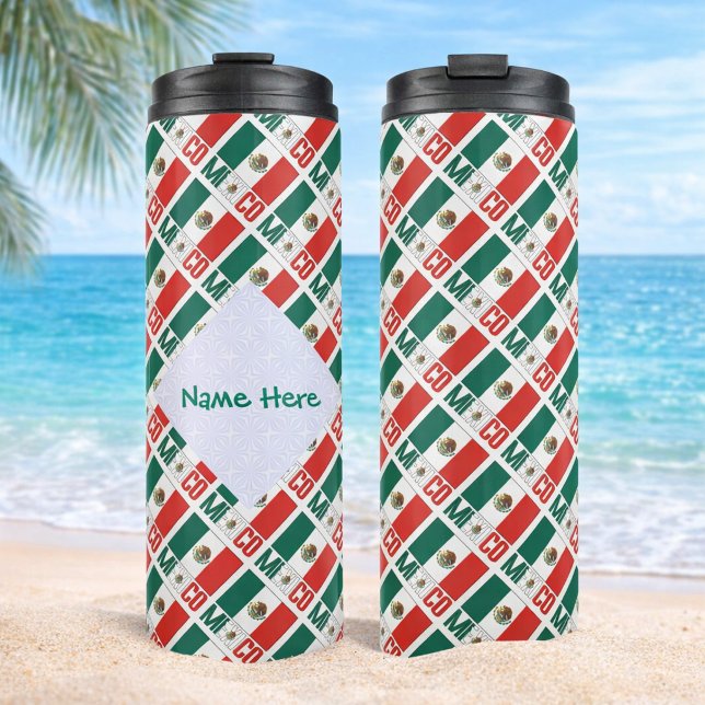 Garrafa Térmica México: Bandeira mexicana com verde personalizada (Personalized thermal tumbler with tiled Mexican Flag and MEXICO. White fractal to add a name.)