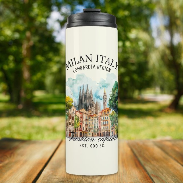Garrafa Térmica Milan Italy Gift Idea – Watercolor City Landscape (Criador carregado)