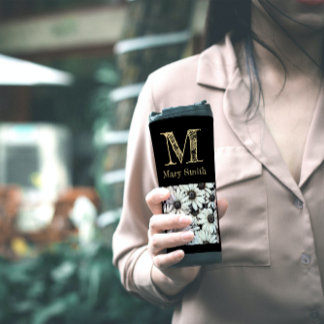 Garrafa Térmica Miniminalista Floral Branco e Preto