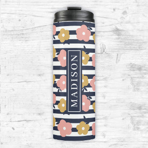 Garrafa Térmica Modelo de Nome Personalizado Floral Azul do marinh