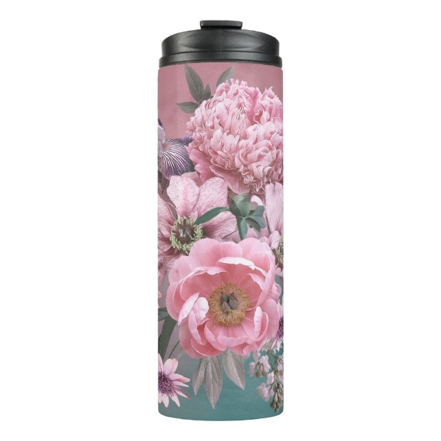 Garrafa Térmica Modelo Floral. Lindas flores, peônias e iri (Frente)