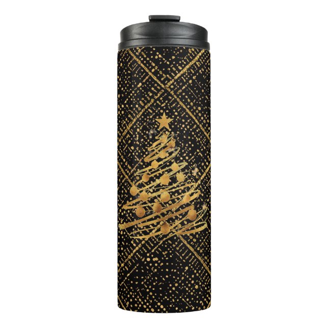 Garrafa Térmica Modern, Chrismas Tree, Black Gold Cross Pattern  (Frente)