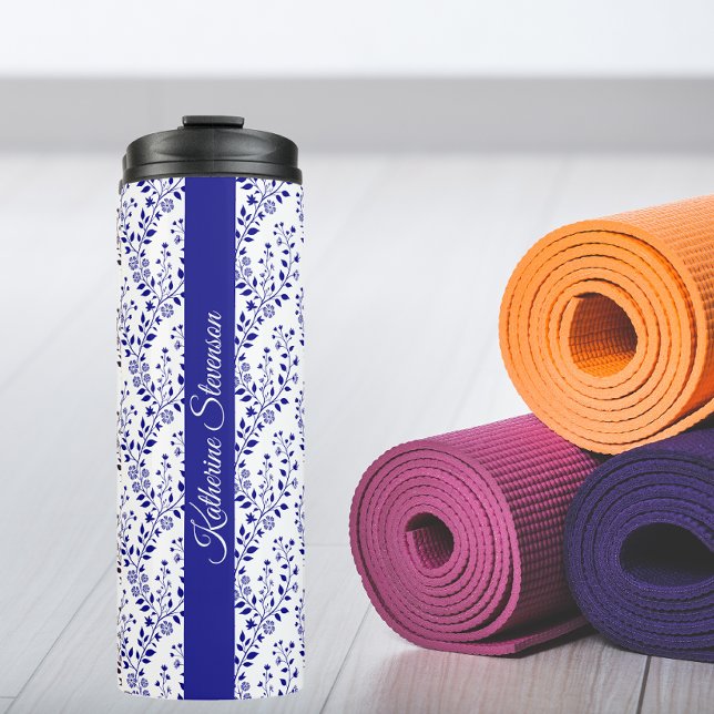Garrafa Térmica Modern Minimalist Navy Blue White Floral Script (Criador carregado)