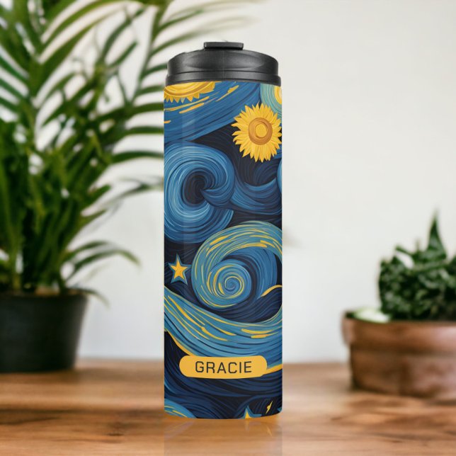 Garrafa Térmica Modern Starry Night Sunflower Personed Name (Modern Starry Night Sunflower Personalized Name Thermal Tumbler from Ricaso. Customize with own text)