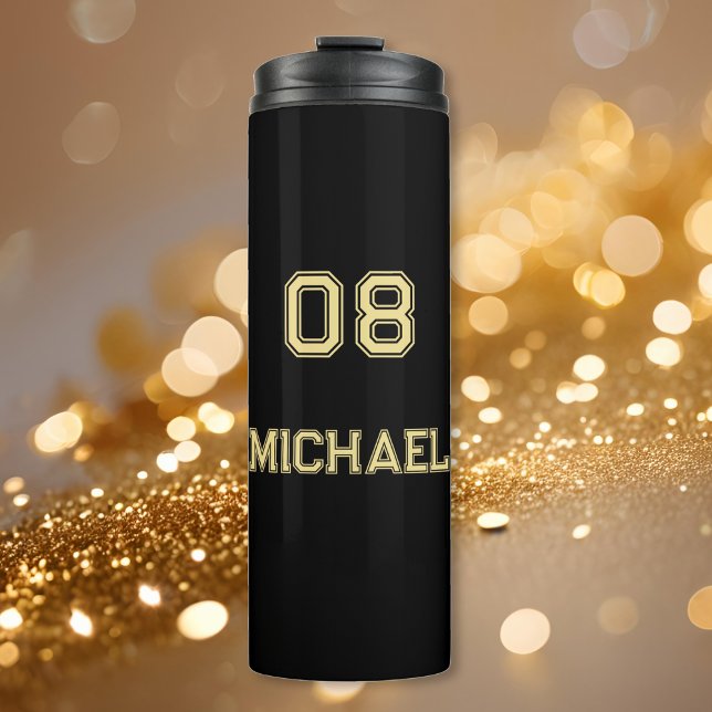 Garrafa Térmica Moderno Black Dourado Player Name Jersey Number Sp (Modern Black Gold Player Name Jersey Number Sports Thermal Tumbler)