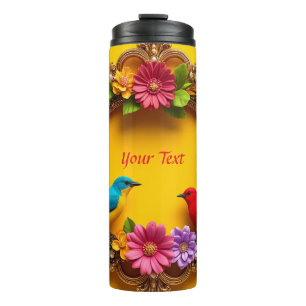Garrafa Térmica Moldura Floral Colorida com Pássaros Vibrantes