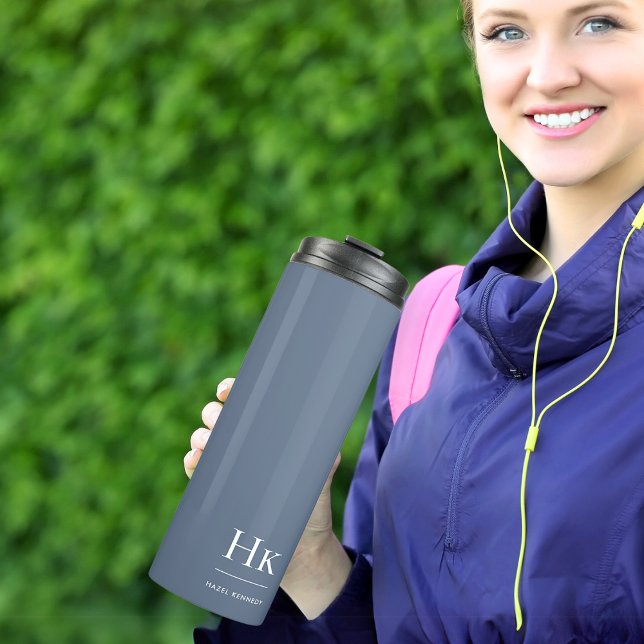 Garrafa Térmica Monogram Modern Minimalist Elegant Navy Blue White (Criador carregado)