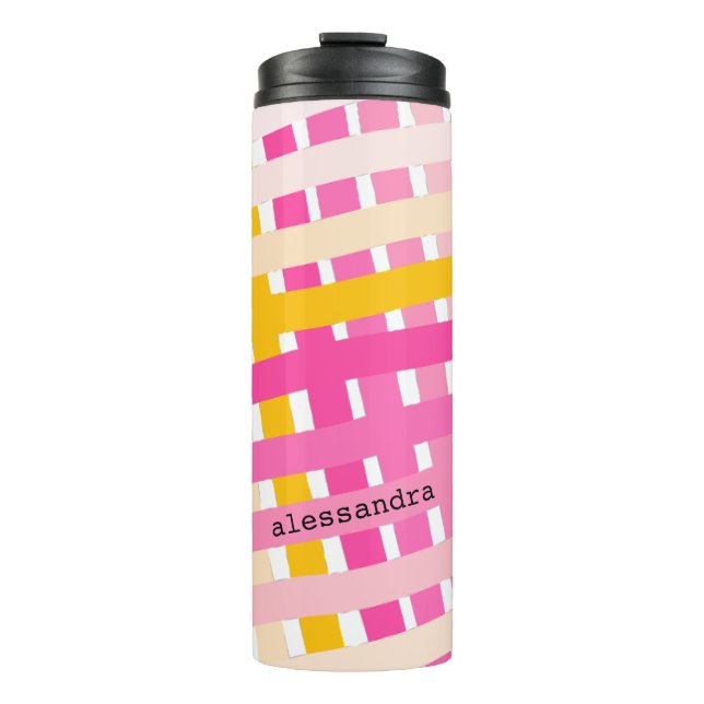 Garrafa Térmica Monogram Modern Pink Yellow Check Plaid Girly  (Frente)