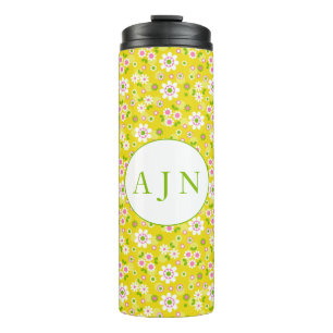Garrafa Térmica Monograma Amarelo e Branco das Flores de Mod Retro