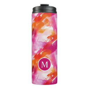Garrafa Térmica Monograma Aquarela Rosa Laranja Abstrato