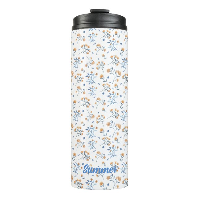 Garrafa Térmica Monograma Branco Padrão Floral Tumbler Térmico (Frente)