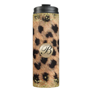 Garrafa Térmica Monograma com Brilho Dourado e Estampa de Leopardo