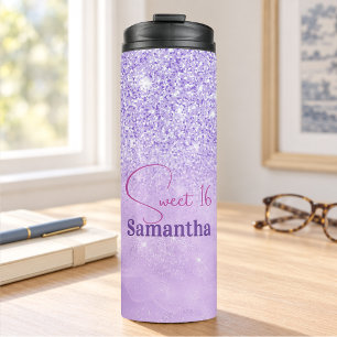 Garrafa Térmica Monograma de aniversário glitter rosa roxo fofo