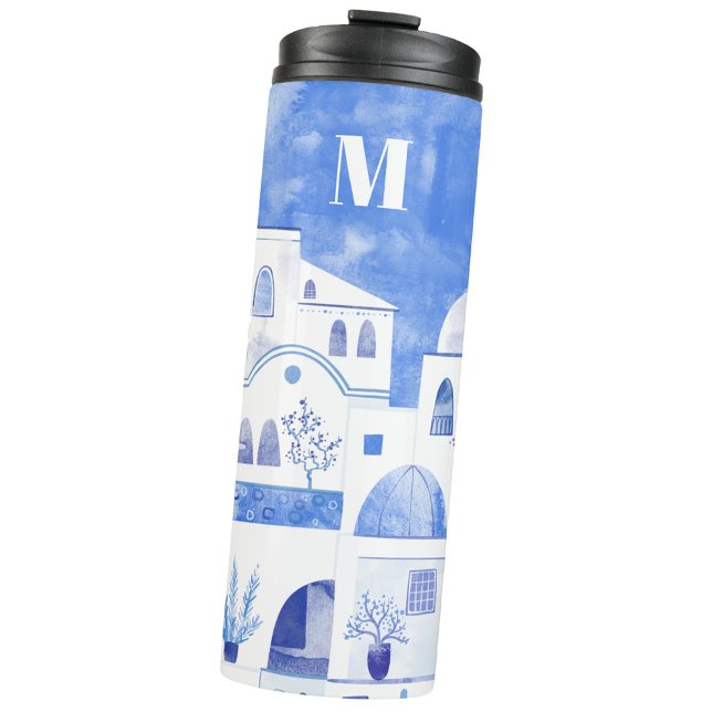Garrafa Térmica Monograma de Aquarela Grega Santorini (Monogram initial Oia Santorini blue and white watercolor thermal tumbler)