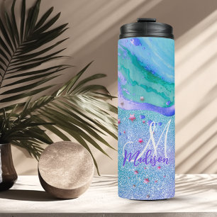 Garrafa Térmica Monograma de arte em mármore roxo com brilho aqua 