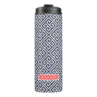 Garrafa Térmica Monograma de Chave Grego marinho Azul e Coral