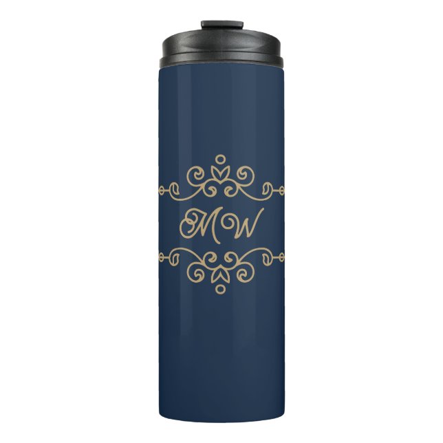 Garrafa Térmica Monograma de Floreio Elegante Azul-Elegante Dourad (Frente)