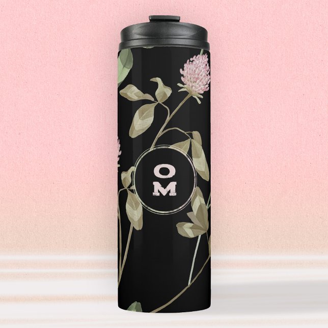 Garrafa Térmica Monograma de Flores Selvagens Modernas, Rosa (Modern Wildflower Monogram Black Rose Clover Thermal Tumbler ©Susanne Sachers - Sunny Mind Design 🌞)