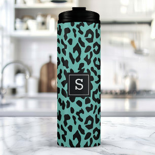 Garrafa Térmica Monograma de Impressão Animal Leopardo Azul Tendên