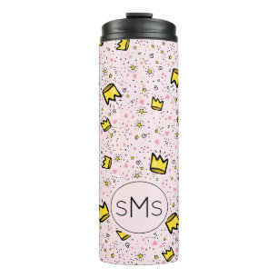 Garrafa Térmica Monograma de padrão de rabisco coroa rosa pastel b