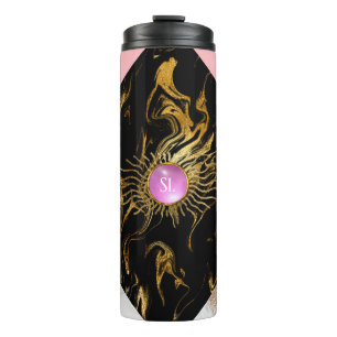 Garrafa Térmica Monograma de Pedra Preciosa Mármore Dourado e Rosa