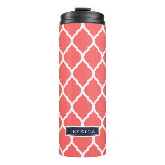 Garrafa Térmica Monograma de Quatrefoil de Coral e Marinho Azul em