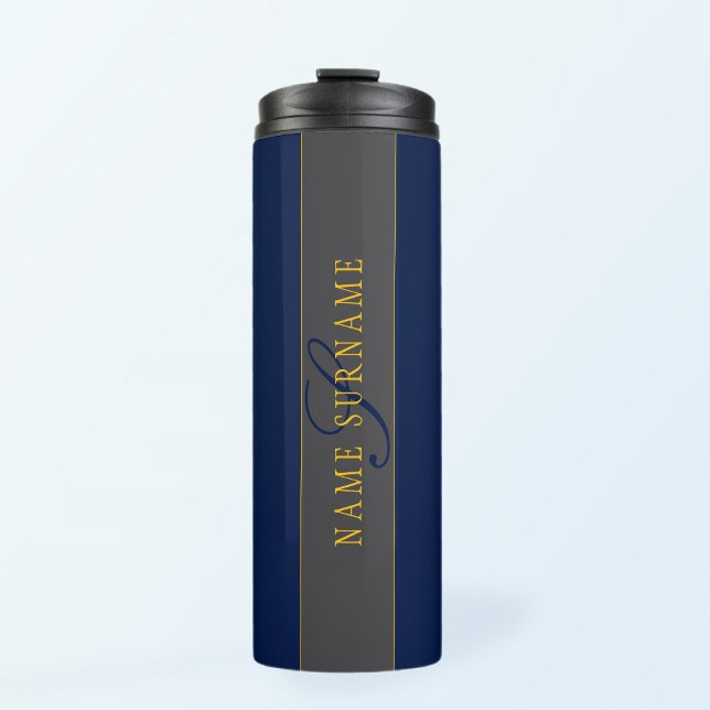 Garrafa Térmica Monograma de Script Elegante Marinho Escuro Cinza  (Criador carregado)