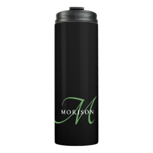Garrafa Térmica Monograma de Script Verde Preto Moderno Elegante