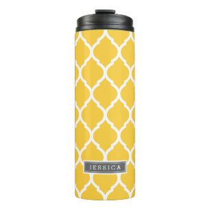 Garrafa Térmica Monograma do Quatrefoil Amarelo e cinza de Marroco