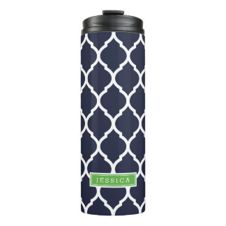 Garrafa Térmica Monograma do Quatrefoil de marinho Azul e Verde em