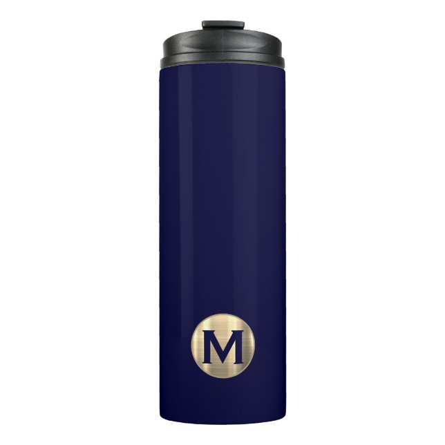 Garrafa Térmica Monograma Dourado Azul do Marinho Moderno (Frente)