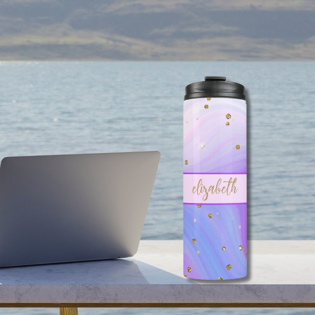 Garrafa Térmica Monograma Dourado, azul-roxo, cor-de-rosa, (Monogrammed pink purple blue gold glitter thermal tumbler. Gift for her)
