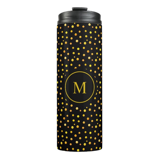 Garrafa Térmica Monograma e Confete Dourado em Preto (Frente)