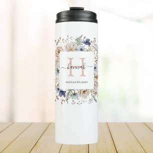 Garrafa Térmica Monograma Elegante Flores Azuis Bege Floral Bonito
