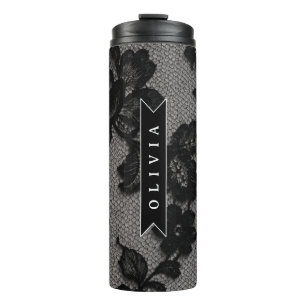 Garrafa Térmica Monograma Elegante Personalizado de Renda Preta co
