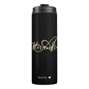 Garrafa Térmica Monograma Elegante Preto Dourado Nome em Letra Chi