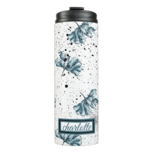 Garrafa Térmica Monograma Floral azul de aço elegante