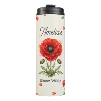 Garrafa Térmica Monograma Floral de Papoula Vermelha em Aquarela A