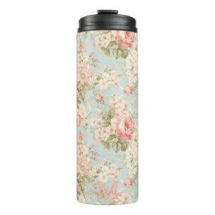 Garrafa Térmica Monograma Floral de Rosas Cor-de-Rosa Shabby Chic