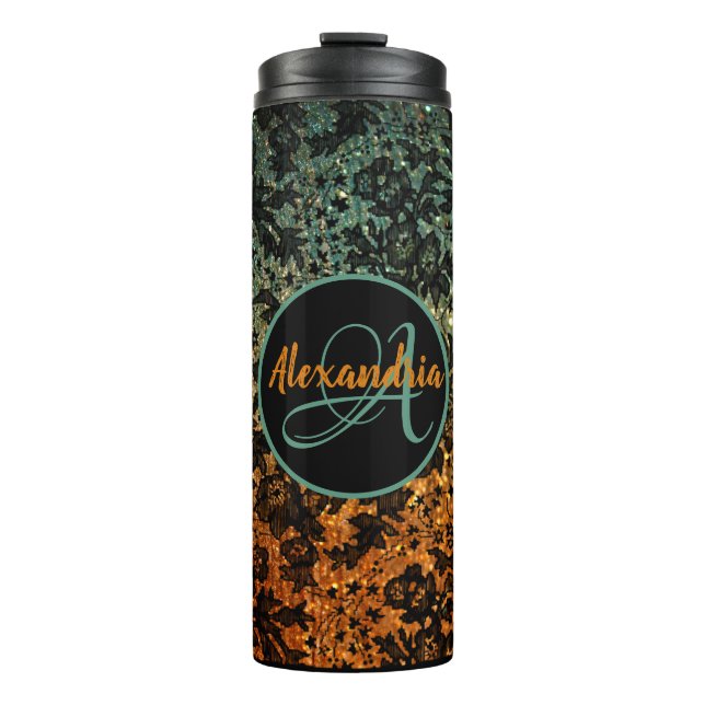 Garrafa Térmica Monograma Floral na moda Laranja e Preto Verde (Frente)