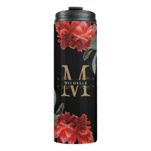 Garrafa Térmica Monograma Floral Vermelho Dourado Elegante Preto